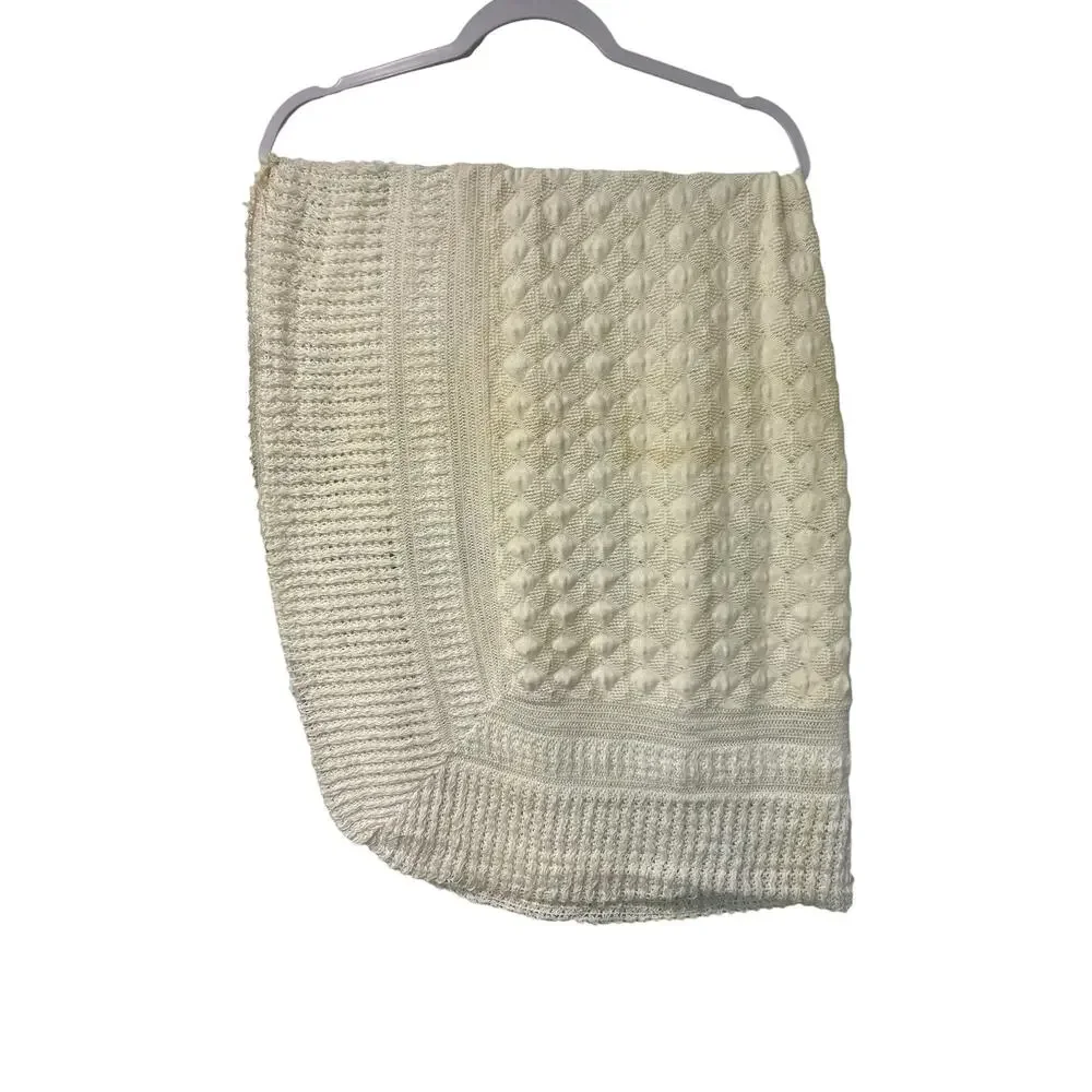 Vintage 1970s Baby Blanket Styled by Allegheny Ivory Popcorn Knit USA FLAW